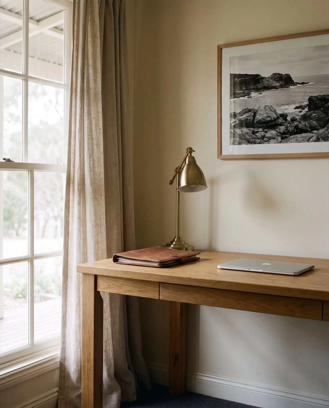 A quiet advocate's desk with a leather case file and reading lamp
