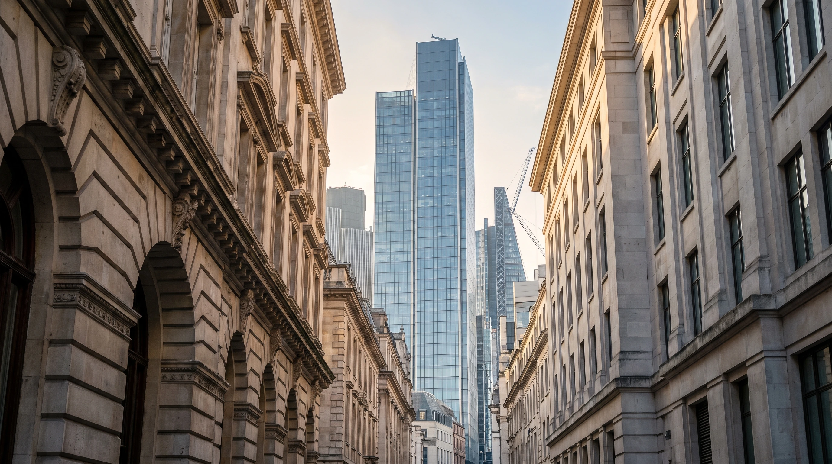 Institutional and corporate towers in cool morning light