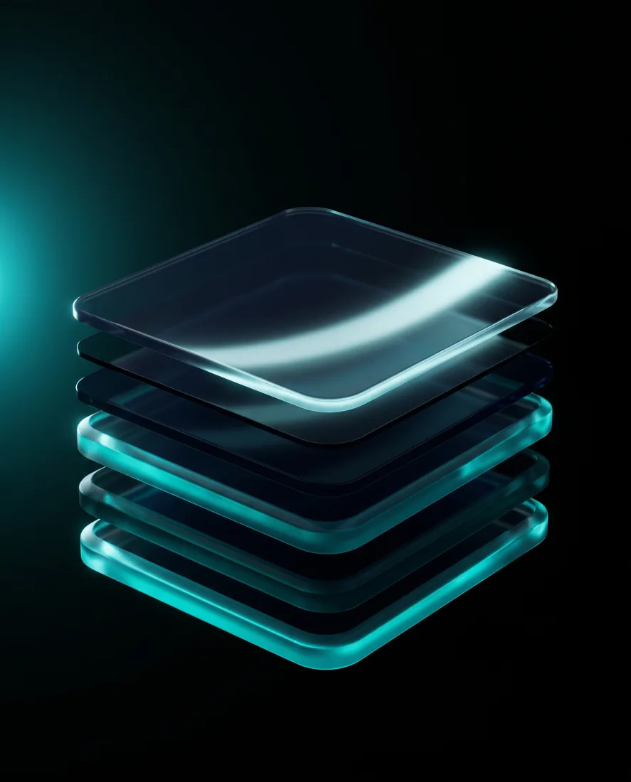 Stacked translucent glass layers, each edge lit teal, forming a traceable chain