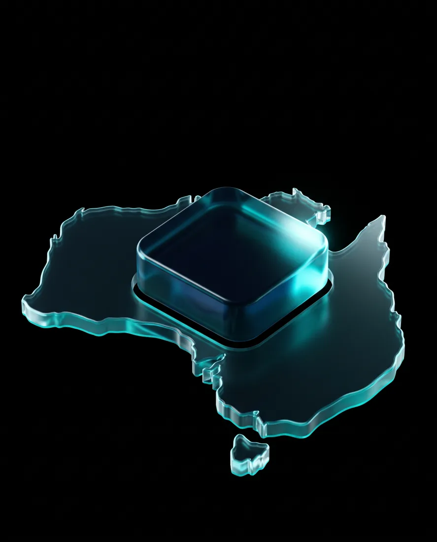 A translucent glass render of Australia with a secure data core at its centre