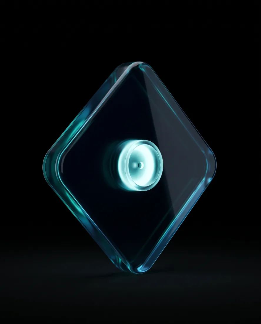 A glass vault-diamond with a glowing teal lock aperture at its centre