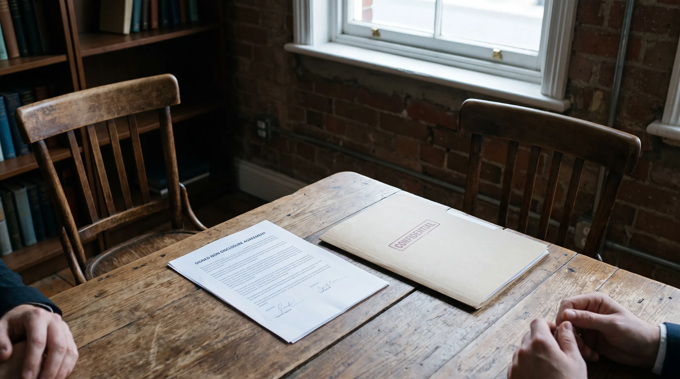 A signed non-disclosure agreement and a confidential file folder on a desk